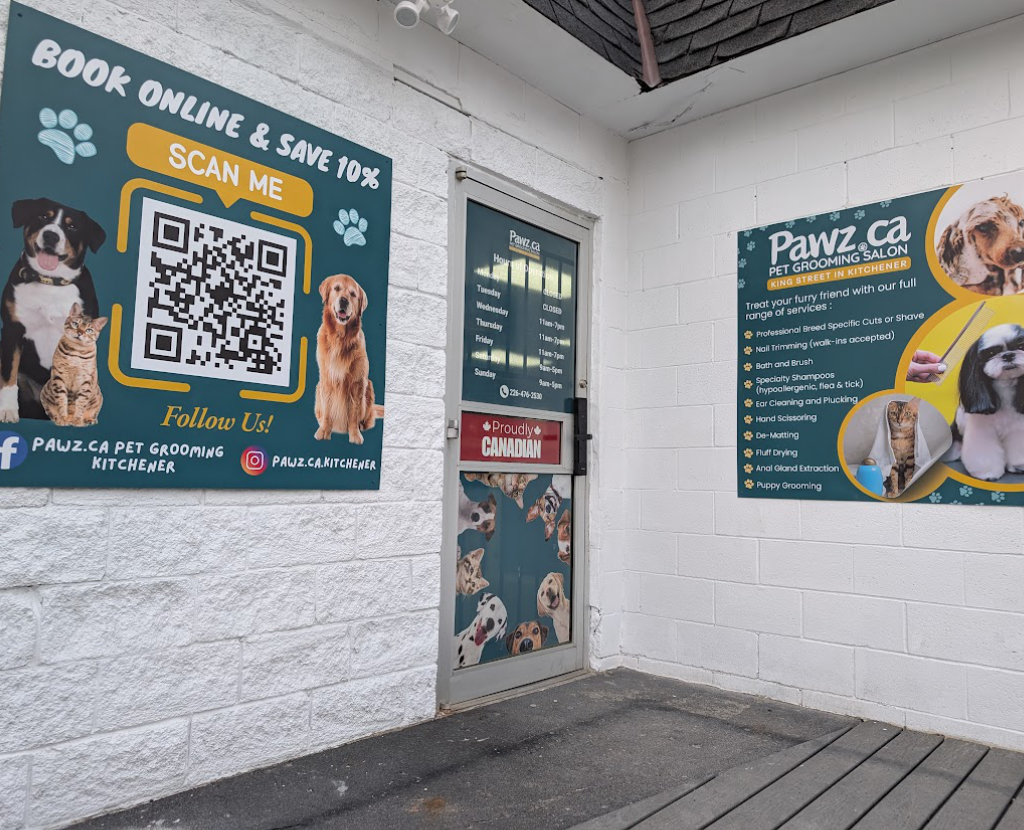 Exterior view of Pawz pet grooming salon in Kitchener showing entrance and signage