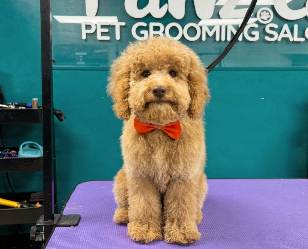 Puppy grooming at Pawz pet grooming salon with a freshly groomed puppy on a grooming table