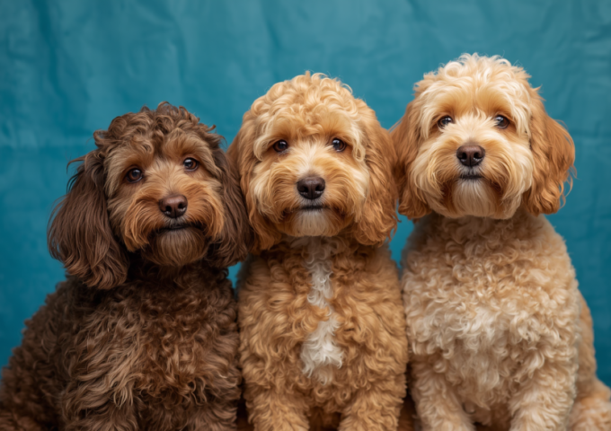 Three curly-haired-dogs with curly fur showcasing grooming needs for curly coated breeds.