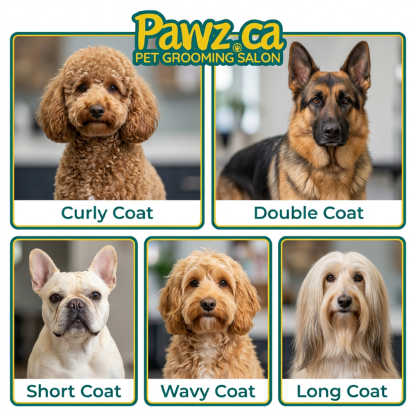 Different dog coat types including curly, double, short, wavy, and long coats for grooming guidance.