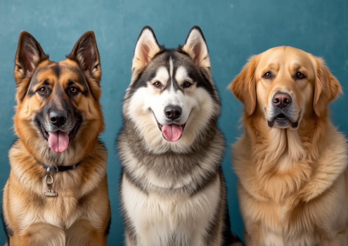 Three double-coated-dogs with thick fur showcasing grooming needs for double coated breeds.