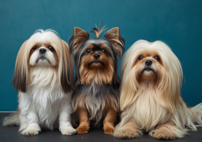 Three long-haired dogs with silky coats showcasing grooming needs for long-haired breeds.