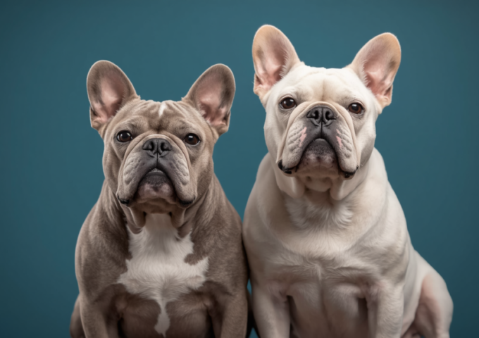Two short-haired French Bulldogs with smooth coats sitting against a blue background.