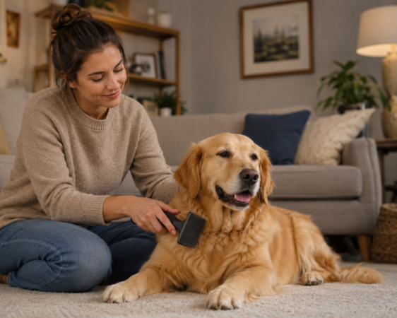 An owner calmly brushing their pet at home to practice touch desensitization