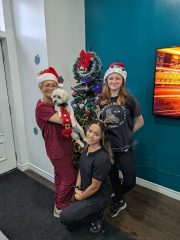 Professional dog grooming team posing with a happy dog in a welcoming salon before a first grooming appointment.