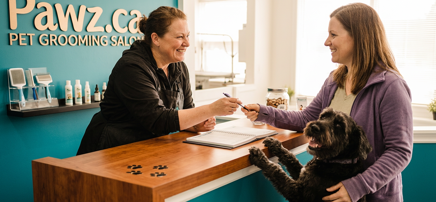 A smiling pet groomer handing a pen to a customer at the reception desk under the Pawz.ca Pet Grooming Salon wall sign, while a happy black dog rests its paws on the counter.