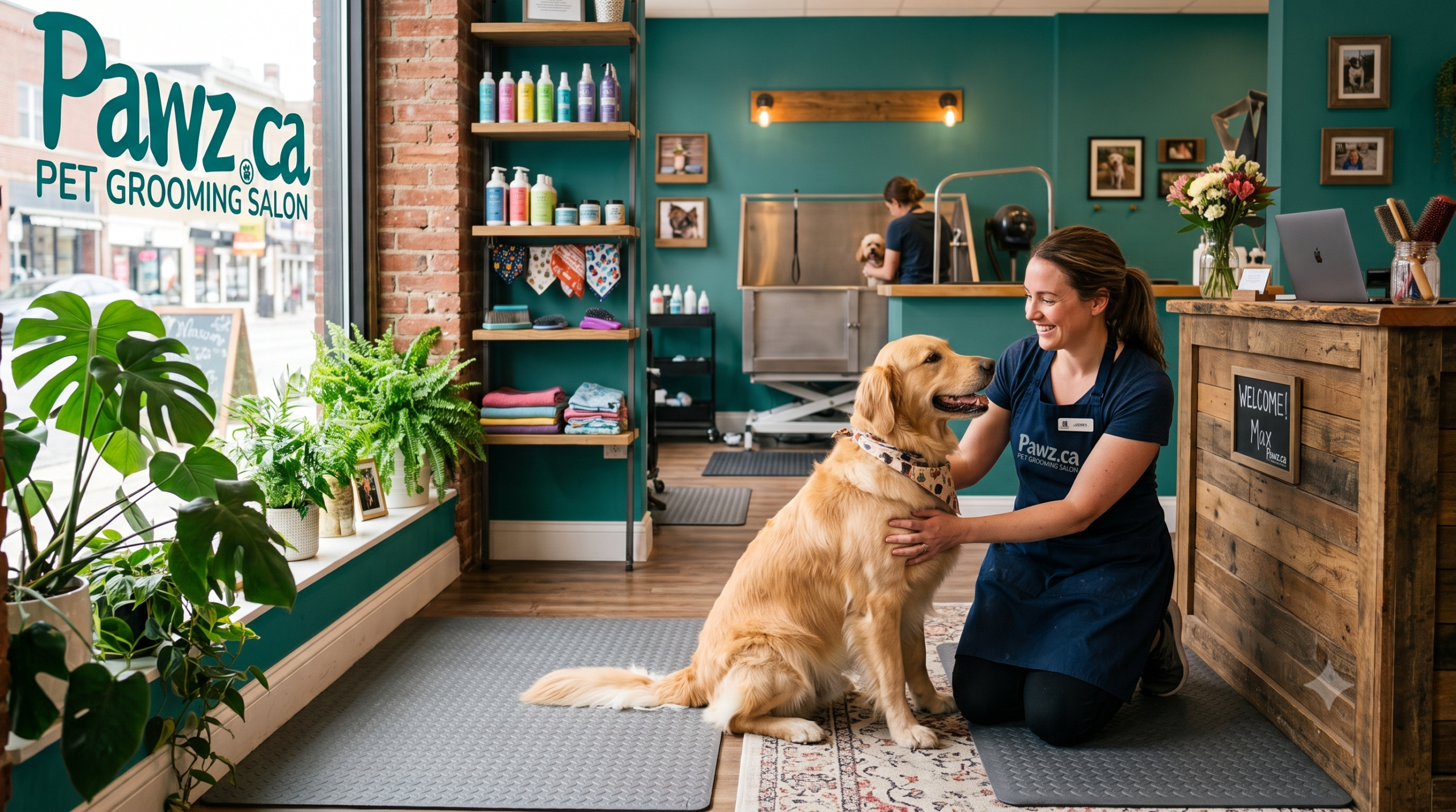 "Professional dog groomer welcoming a calm dog