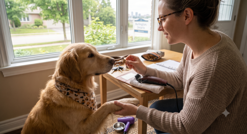 Pet owner desensitizing a calm dog at home and rewarding good behavior with a treat