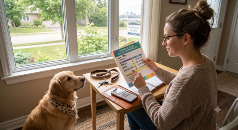 Pet owner organizing veterinary medical records and pet vaccination certificates
