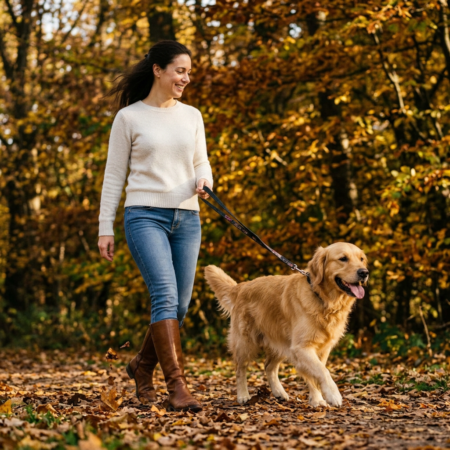 Dog owner walking a happy dog outdoors before a professional pet grooming appointment